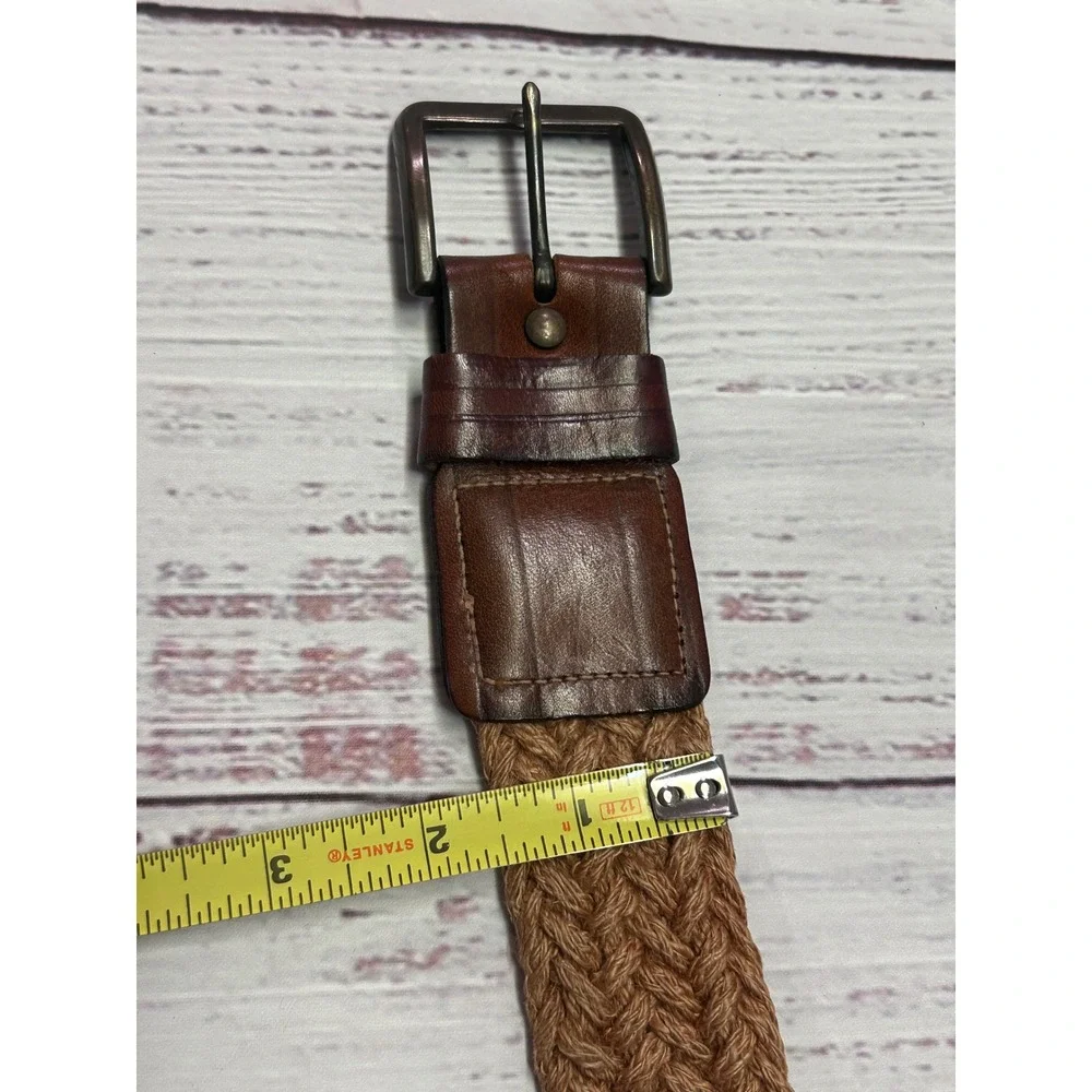 Mens Braided Jute Belt Brown Top Grain Cowhide Leather Trim Tan Woven Size 34